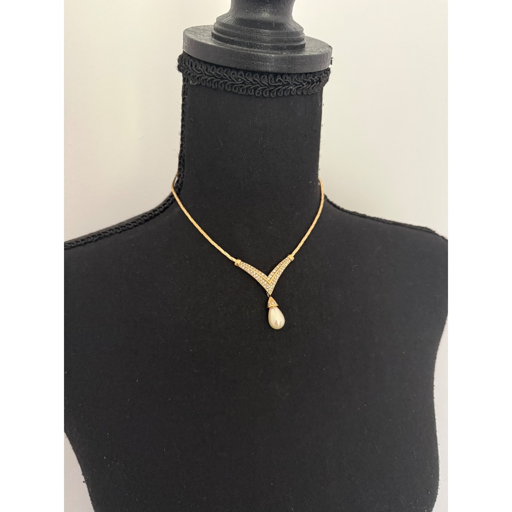 Christian Dior Vintage Gold Tone Crystal‎ Pave Chevron Faux Pearl Drop Necklace
